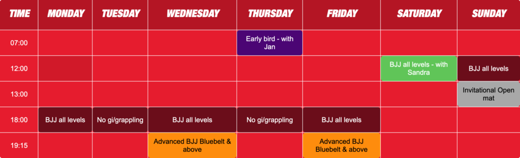 Alleyway Martial Arts Training Schedule